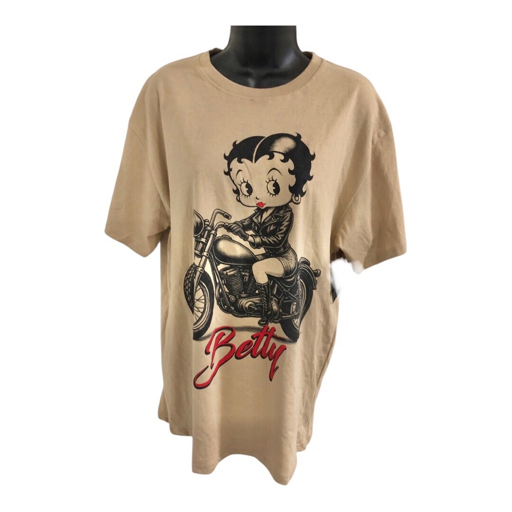 Betty Boop tan betty on motorcycle fishnet stockings graphic print tshirt size L